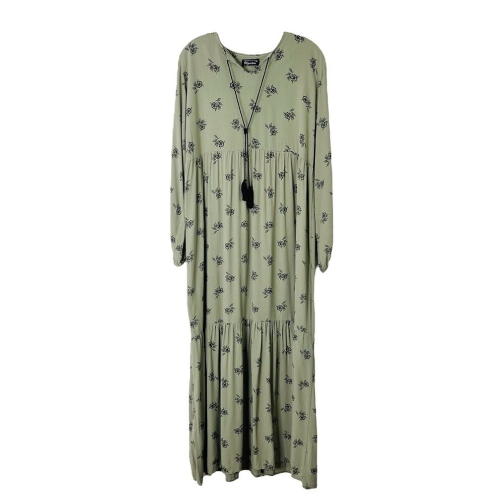 Green black floral cottagecore boho ruffle tassel maxi dress large